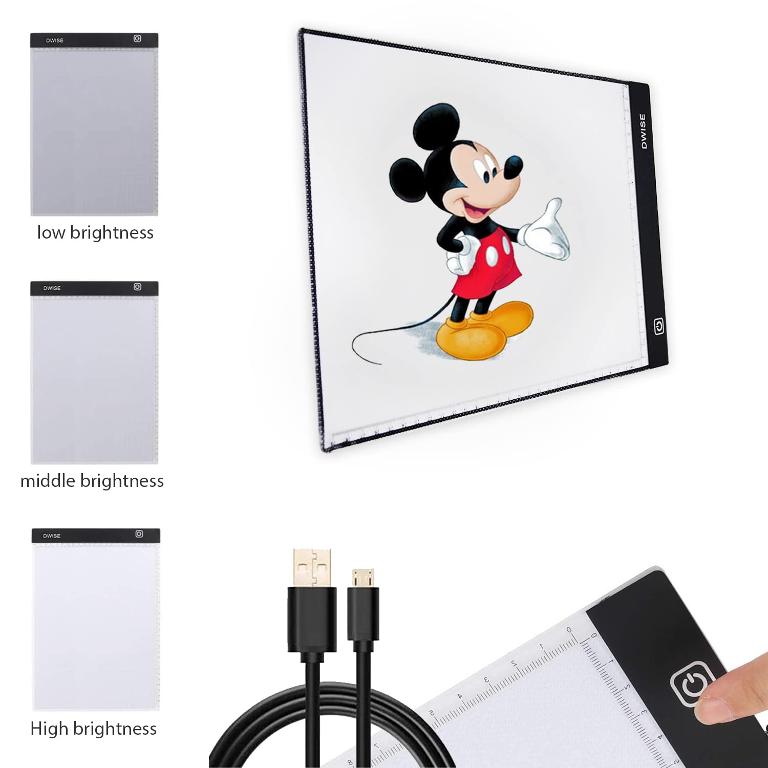 Dwise A4 Size LED Lighted Drawing Tracing Board 3 Adjustable Brightness Touch Button with Scale Measurements