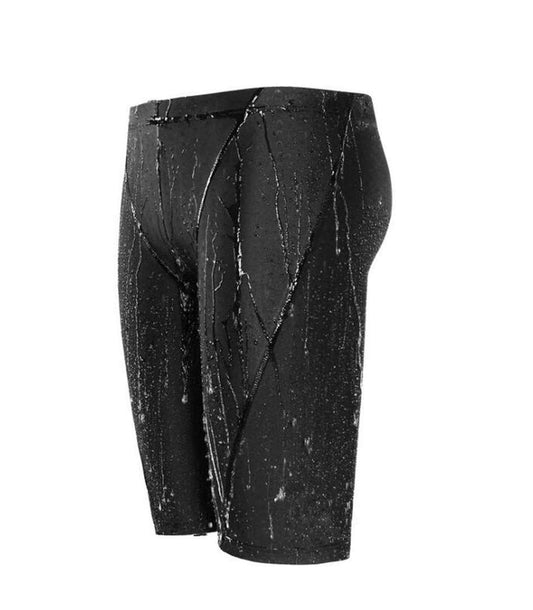 SYGA Men's Swimming Trunks Shark Skin Waterproof Swimming Trunks with Swimming Cap Men's Swim Suit (Black, Large)