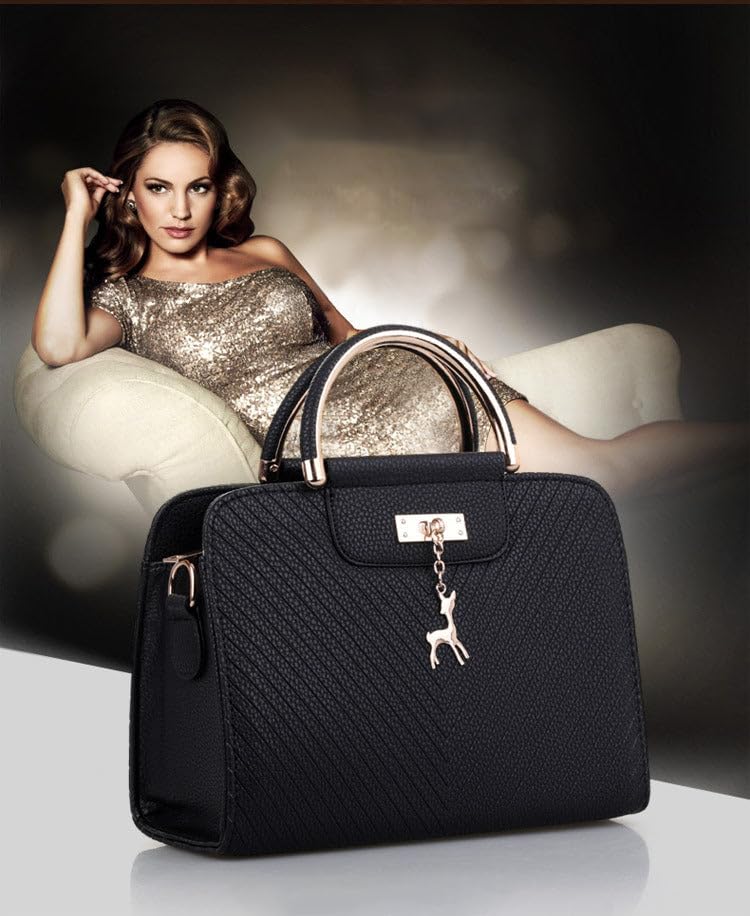SYGA Women's Handbag Corrugated Fawn Pendant Cute Shoulder Bag Fashionable Style Crossbody Bag(Black)