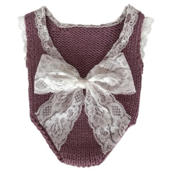 MOMISY Baby girl's Photography Photoshoot Costume,crochet Romper with lace boarder and lace bow on backside (Bean, Newborn)