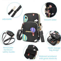 MOMISY Small Cross Body Bag, Multifunction 3 Layer Mini Shoulder Bag Phone Purse Armband with Headphone Port for Teens Girls Ladies Women (Balloon Black)