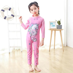 SYGA Children's Swimsuit Long Sleeve Seahorse Unicorn-XL Size Perfect for Kids Age 7-8 Years Old (Pink)