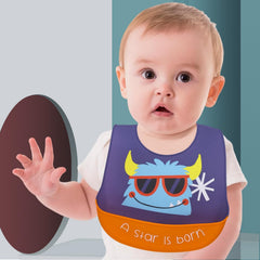MOMISY Baby Bib For Newborn Waterproof Silicone Apron Wipeable Stain Resistant With pocket For 6 months and up (1, GreyPurpleStar)