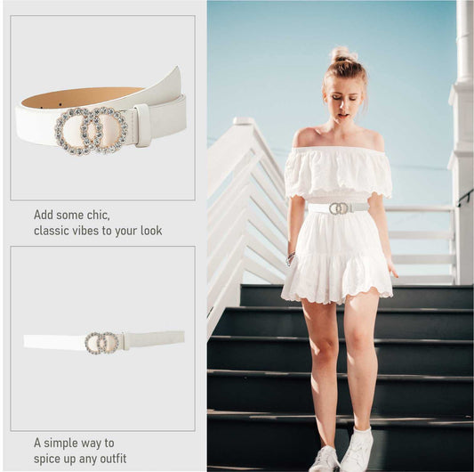 Syga Women's PU Leather Belt Rhinestone Waist Round Buckle Belt, White (Pack of 1)