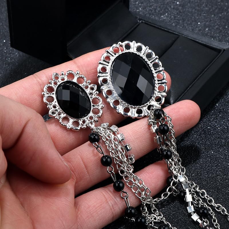 SYGA Men's & Women Suit Shirt Stud Lapel Pin Chain Tassel Brooch Pin with Black Gemstone chain