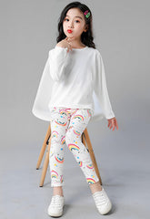 SYGA Children's Leggings Star Rainbow Print Girls Leggings Thin Outer Wear Girls Pants Suitable Age for 9-11 Years Old(White)