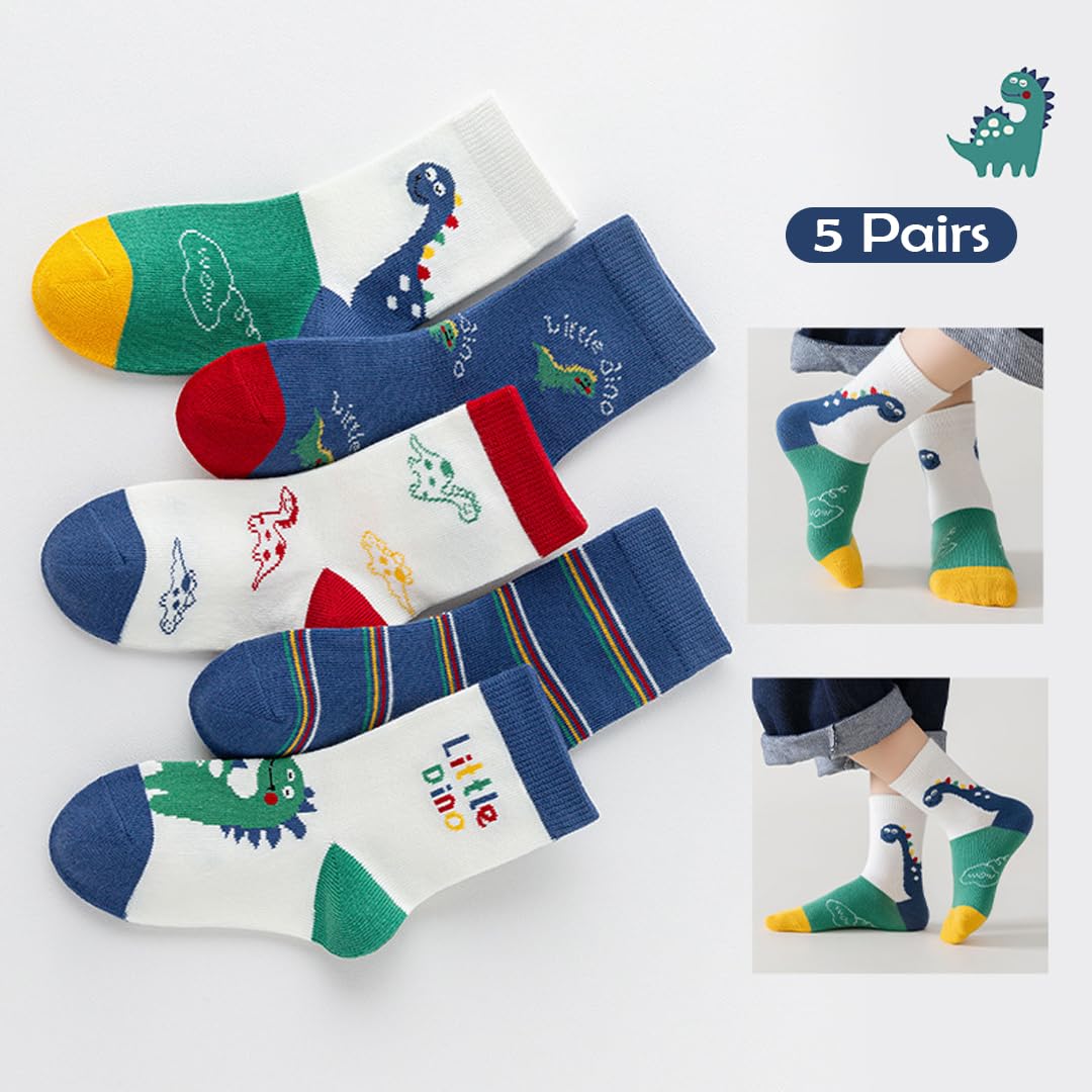 SYGA 5 Pairs Baby Girl & Baby Boy Socks, Toddlers Infant Cotton Stretch Crew Socks with Dianasor Design, Suitable for 2-5 years baby