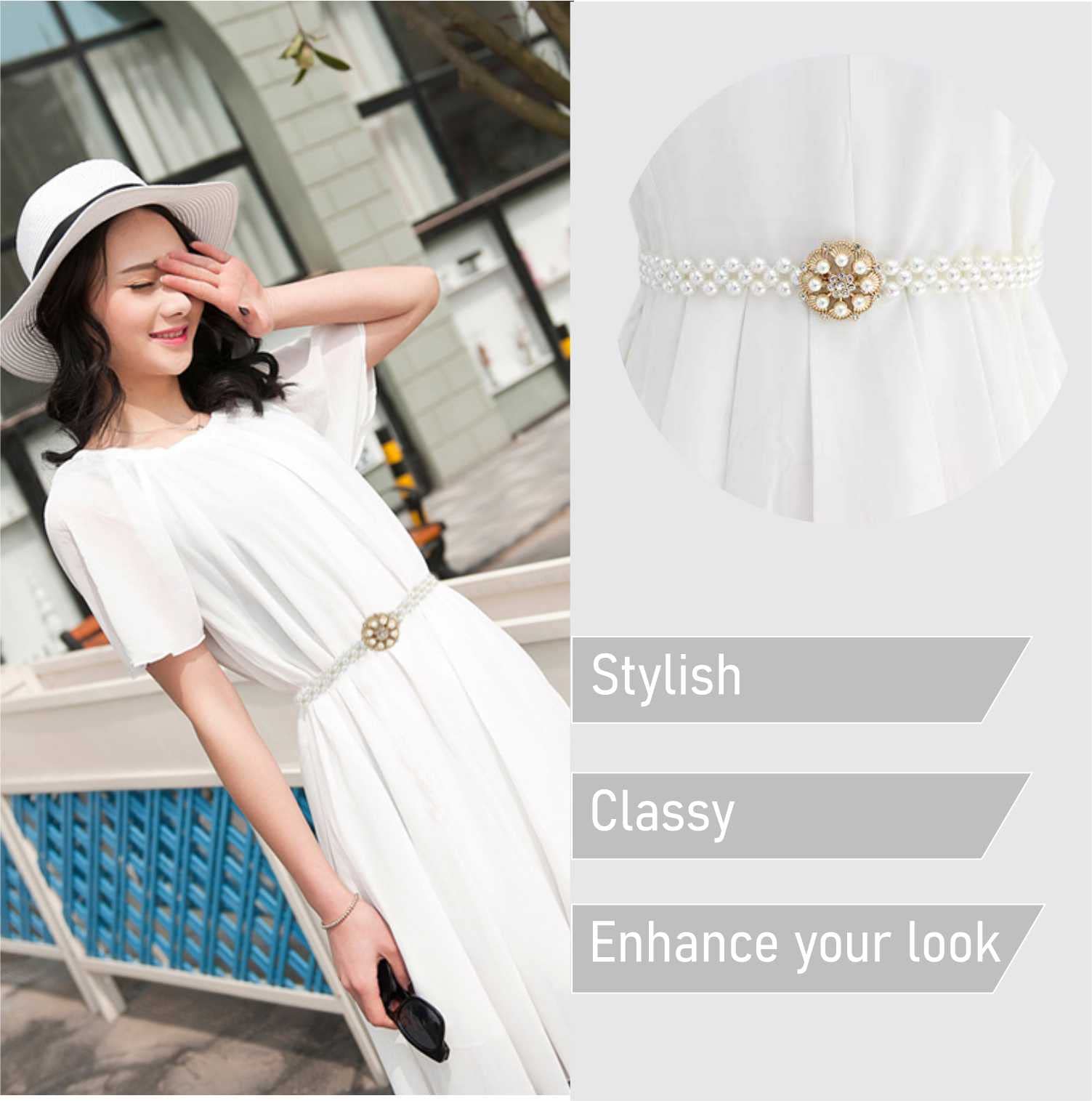 SYGA Pearl Adjustable Waist Belt with Hollowed Tassel Detail, Suitable Size for Waist 24-34 INCH