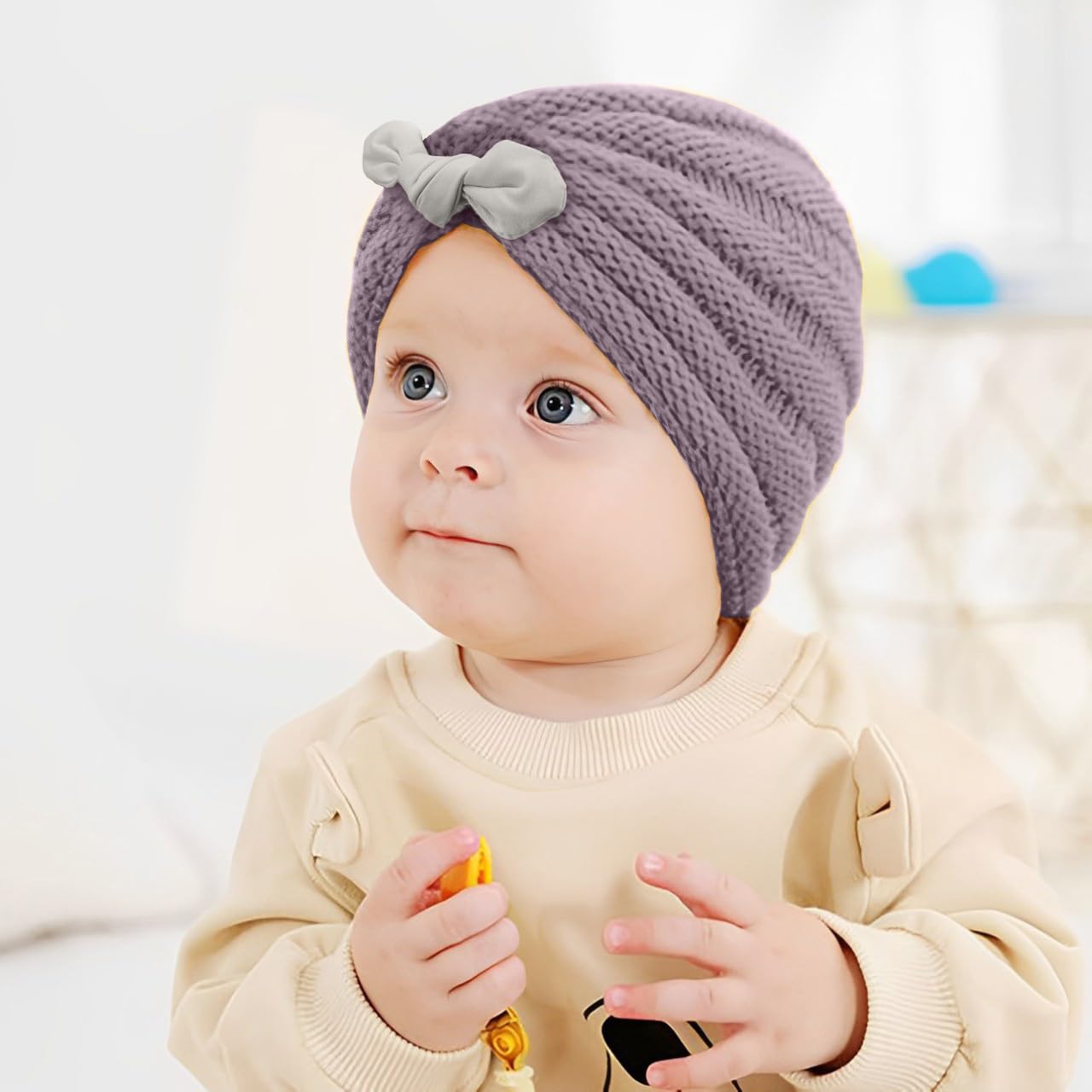 SYGA Baby Cap Unisex Turban Bow Cap Winter Knitted Hat streachable Ears Warm Wool Infant,Toddler 0-4 Years Beige