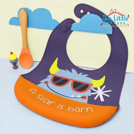 MOMISY Baby Bib For Newborn Waterproof Silicone Apron Wipeable Stain Resistant With pocket For 6 months and up (1, GreyPurpleStar)