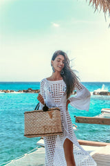 MOMISY Women's Summer Beach Dress White Long Sleeve Square Neck Lace Hollow Crochet Bikini Cover Up Beachwear Dress - White