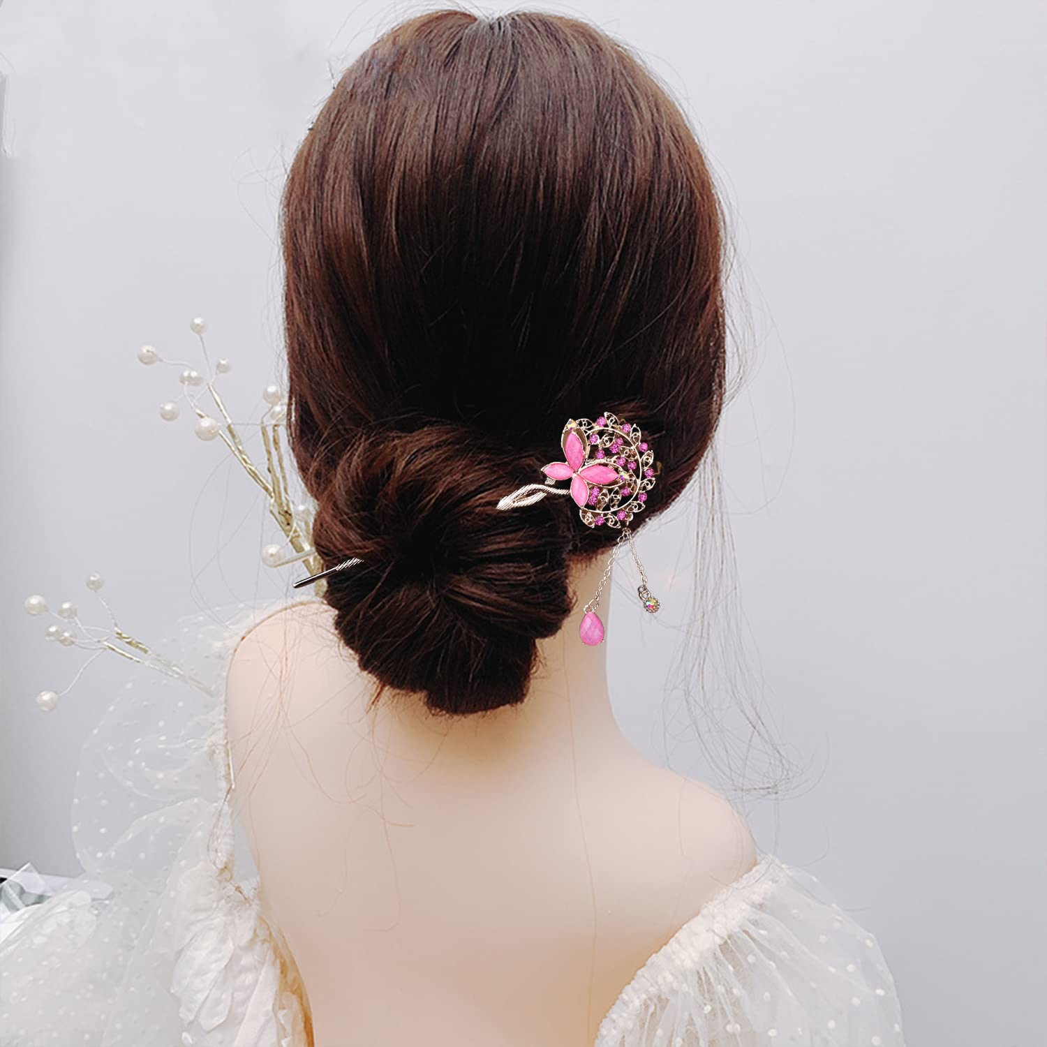 SYGA 1 Piece Ancient Style Pearl Metal Hair Stick Crystal Rhinestones Hair Stick(16 CM) For Women Girls