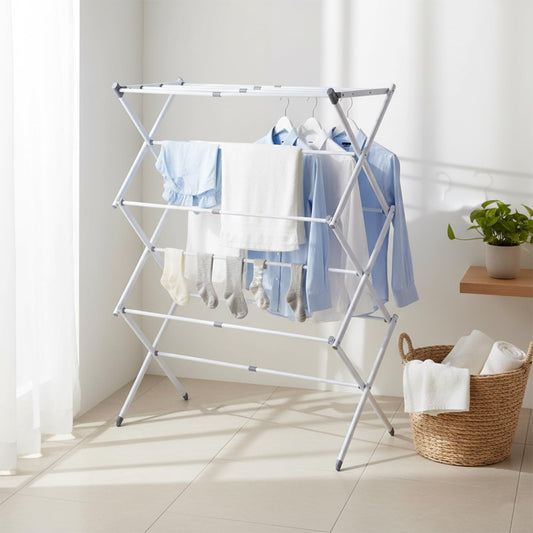 STANSY Foldable Clothes Drying Rack, Multi-Tier Metal Laundry Stand, White, Space Saving, Portable, Indoor Outdoor Use for Balcony Bathroom Home