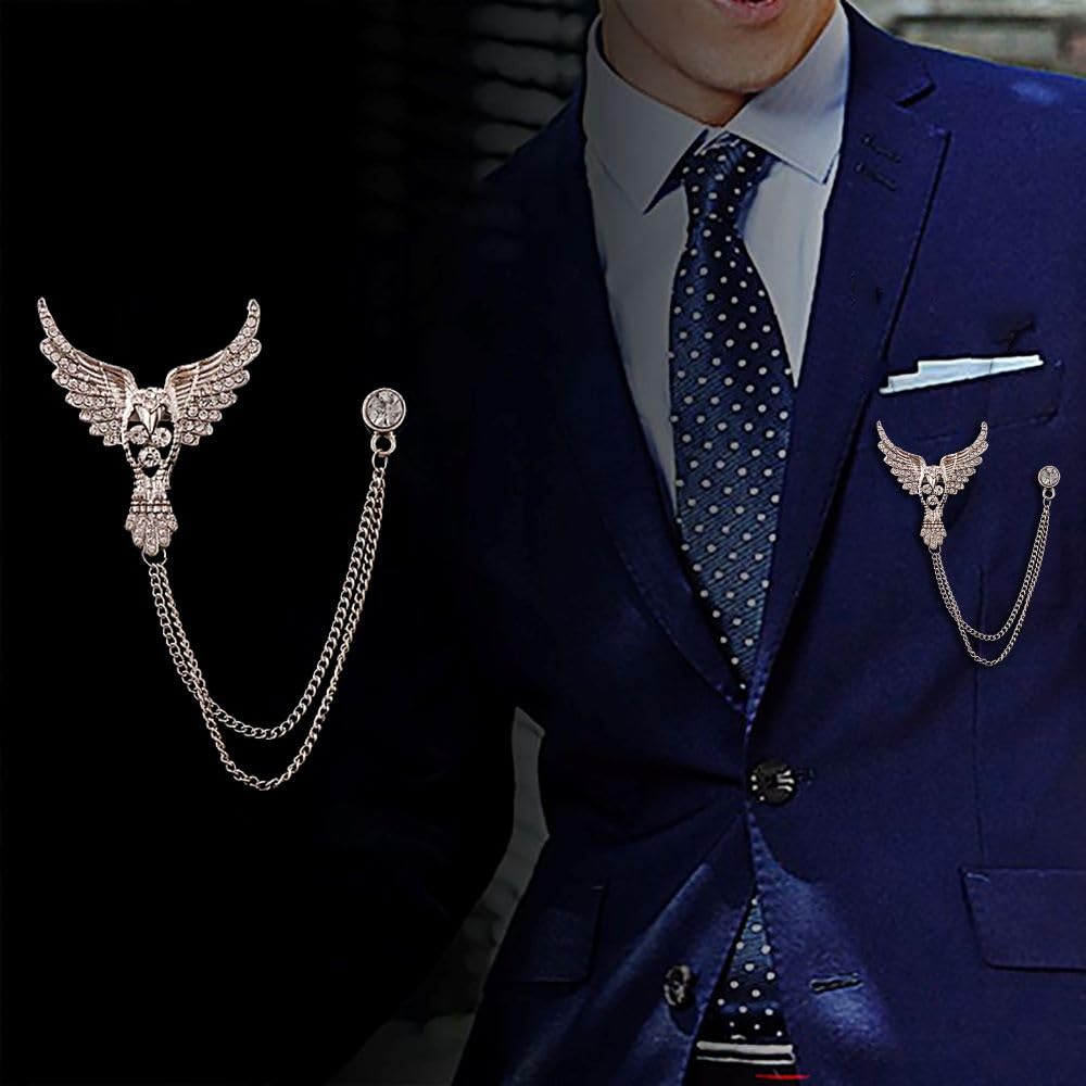 SYGA Men's & Women Suit Shirt Stud Lapel Pin Chain Tassel Brooch Pin with Crystal Chain(Full Diamond Eagle Silver)