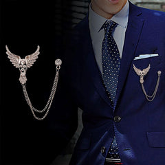 SYGA Men's & Women Suit Shirt Stud Lapel Pin Chain Tassel Brooch Pin with Crystal Chain(Full Diamond Eagle Silver)
