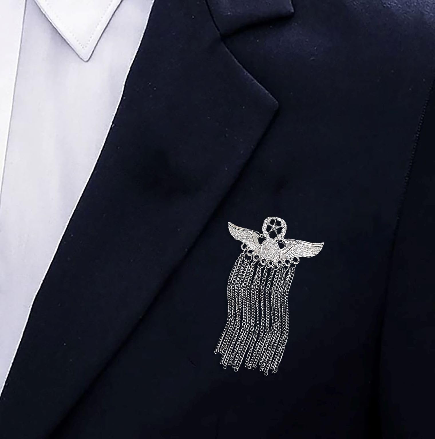 SYGA Men's & Women Suit Shirt Stud Lapel Pin Chain Tassel Brooch Pin with Crystal Chain(Badge Tassel silver)