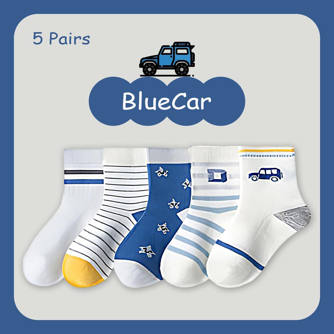 SYGA 5 Pairs Baby Girl & Baby Boy Socks, Toddlers Infant Cotton Warm Stretch Crew Socks with Bluecar Design, Suitable for 9 Months to 2 Years baby