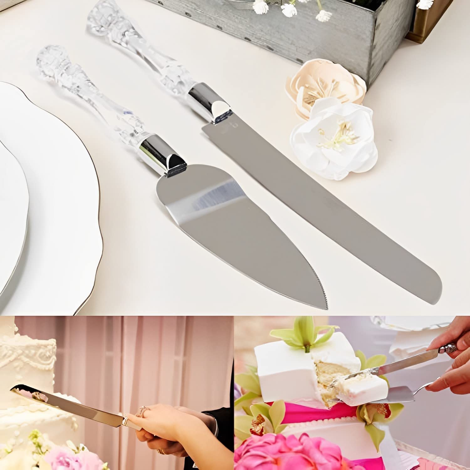 SYGA Stainless Steel Cake Knife and Cake Server Set with Acrylic Handle Slicer Pizza Shovel Knife Pie Server Hand Tool with Cutting Knife Decorating Tools Set of 2