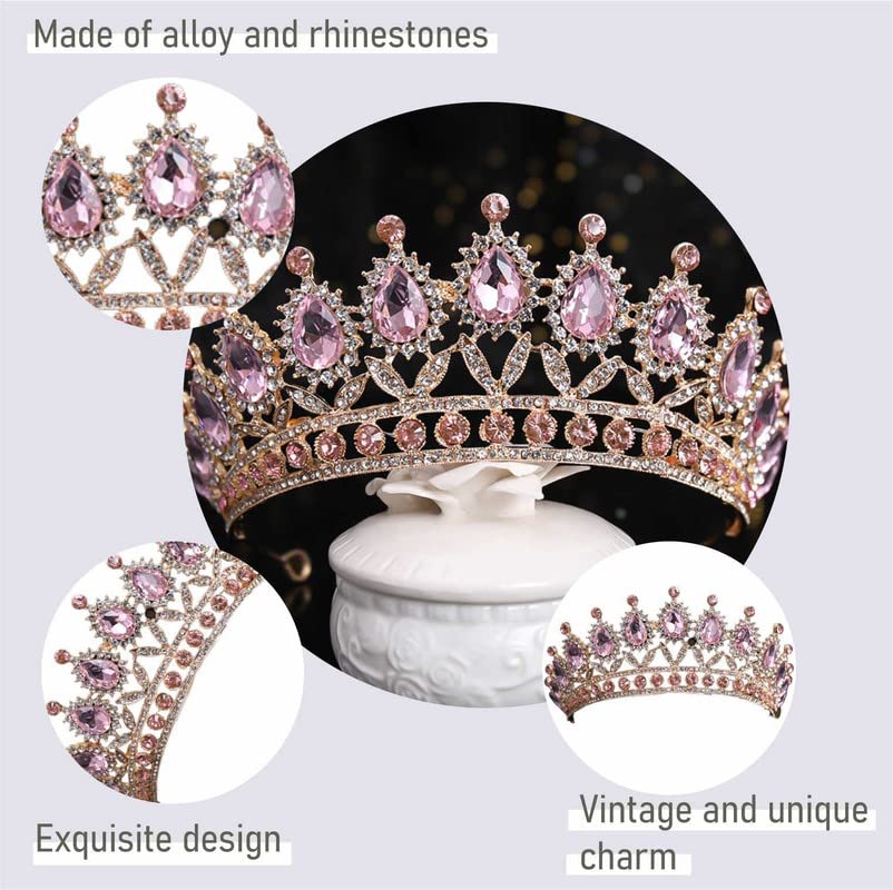 SYGA Princess Antique Bronze Crystal Rhinestone Bride Diamond Crown Tiaras Women Headband Wedding Jewelry Hair Accessories - Gold Pink