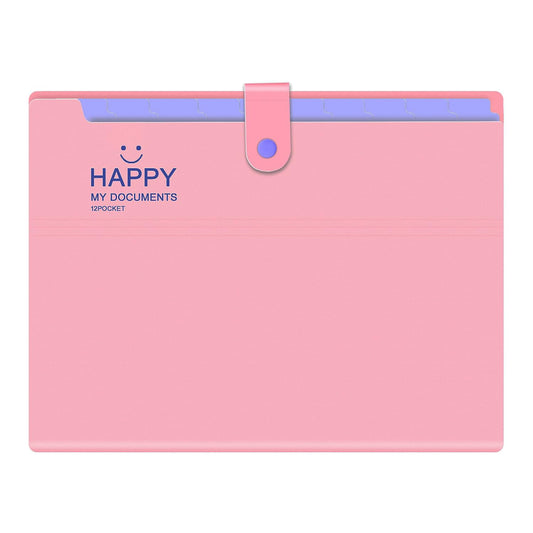 SYGA Cute Smiling Face Multi-Layer Accordion Bag Storage A4 Folder, Small Fresh Test Paper Bag Ticket Information Bag 12 Grids (Pink)
