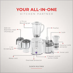 Sujata Multimix Juicer Mixer Grinder|900 Watts Double Ball Bearing Motor|22000 RPM|Non-Stop 90 Mins Running|3 Jars including 1750ml Blender with Coconut Milk Extractor,1000ml, 500ml Jar| (White)