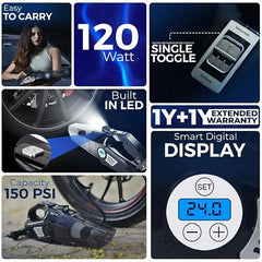 Woscherr AirVac Pro Car Vacuum Cleaner 2in1 & Tyre Inflator for Car and Bike 150 PSI |120 Watt Car Vaccine Cleaner High Power 5500PA Handheld|LED Light| Auto Shut Off| Wet/Dry Use