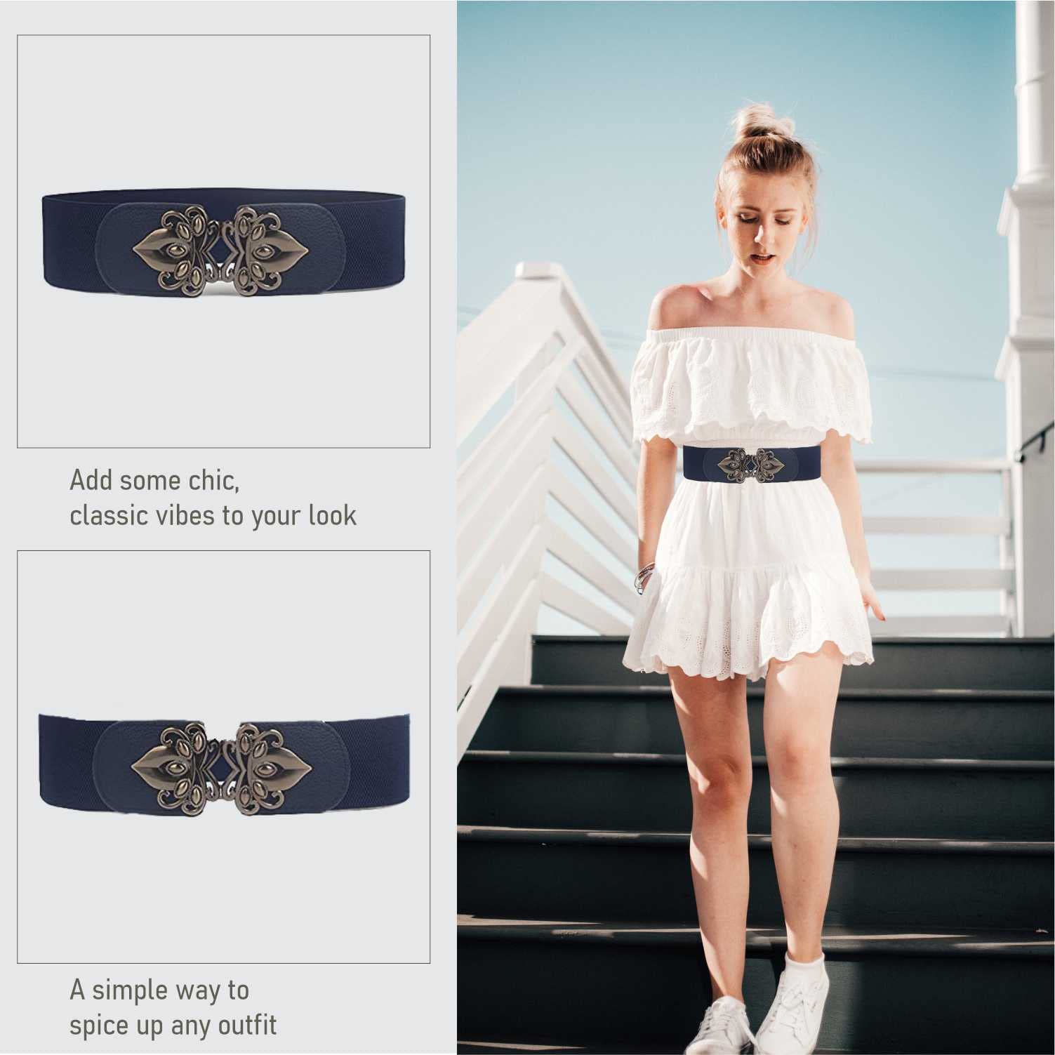 SYGA Women Cinch Belt, PU Leather Stretchy Waist Belt with Emblem Metal Buckle, Retro Style - Navy Blue((Fits Waist Size 25-35)