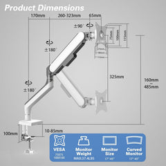ETHU Heavy Duty Monitor Arm, Gas Spring Monitor Stand for 17-45 Inch Screens up to 17 kg, Adjustable Monitor Mount with C-Clamp & Grommet Base, Ergonomic Computer Monitor Mount (Single White)