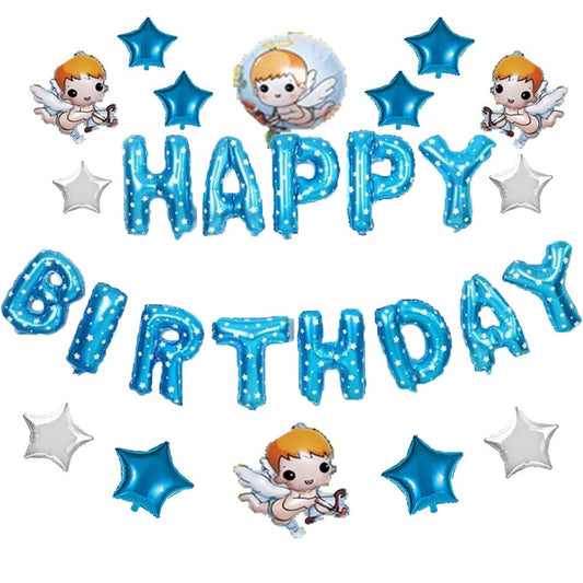 SYGA Foil Balloons- Happy Birthday Letters with Angels and Stars for Baby Boy(Blue)