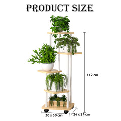 STANSY 5 Tier Plant Stand with Wheels | Multi-Layer Metal Flower Shelf for Indoor & Outdoor Use | Heavy-Duty Wooden Laminate Display Stand for Home, Balcony, Living Room(Light Walnut + White, 112cm)