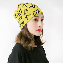MOMISY Women Unisex Winter Beanie Hat & Neck Warmer | Knitted Multifunctional Scarf Cap with Letter Print | Warm Pullover Hat (in, Alpha, Free Size, YellowLetter)