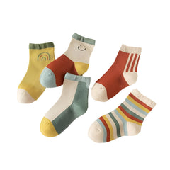 MOMISY 5 Pairs Girl Boys Tube Socks Toddlers Infant Solid Color Boat Spring and Autumn Socks Stretch Baby kids Sock (IN, Age, 12 Months, 3 Years, Rainbow Smiley)