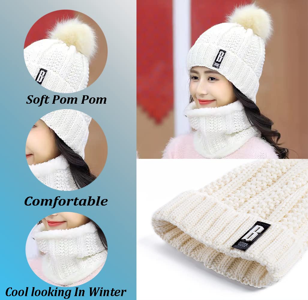 SYGA Winter Beanie Hat for Women with Pom Pom and Fleece Lining, Outdoor Sports Hats, Above 15 Year White