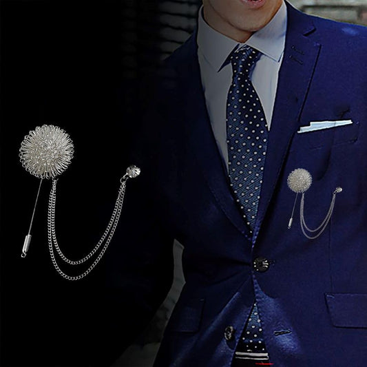 SYGA Men's & Women Suit Shirt Stud Lapel Pin Chain Tassel Brooch Pin with Crystal Chain(flower ball silver)