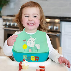 MOMISY Baby Bib For Newborn Waterproof Silicone Apron Wipeable Stain Resistant With pocket For 6 months and up (1, GreenBear)
