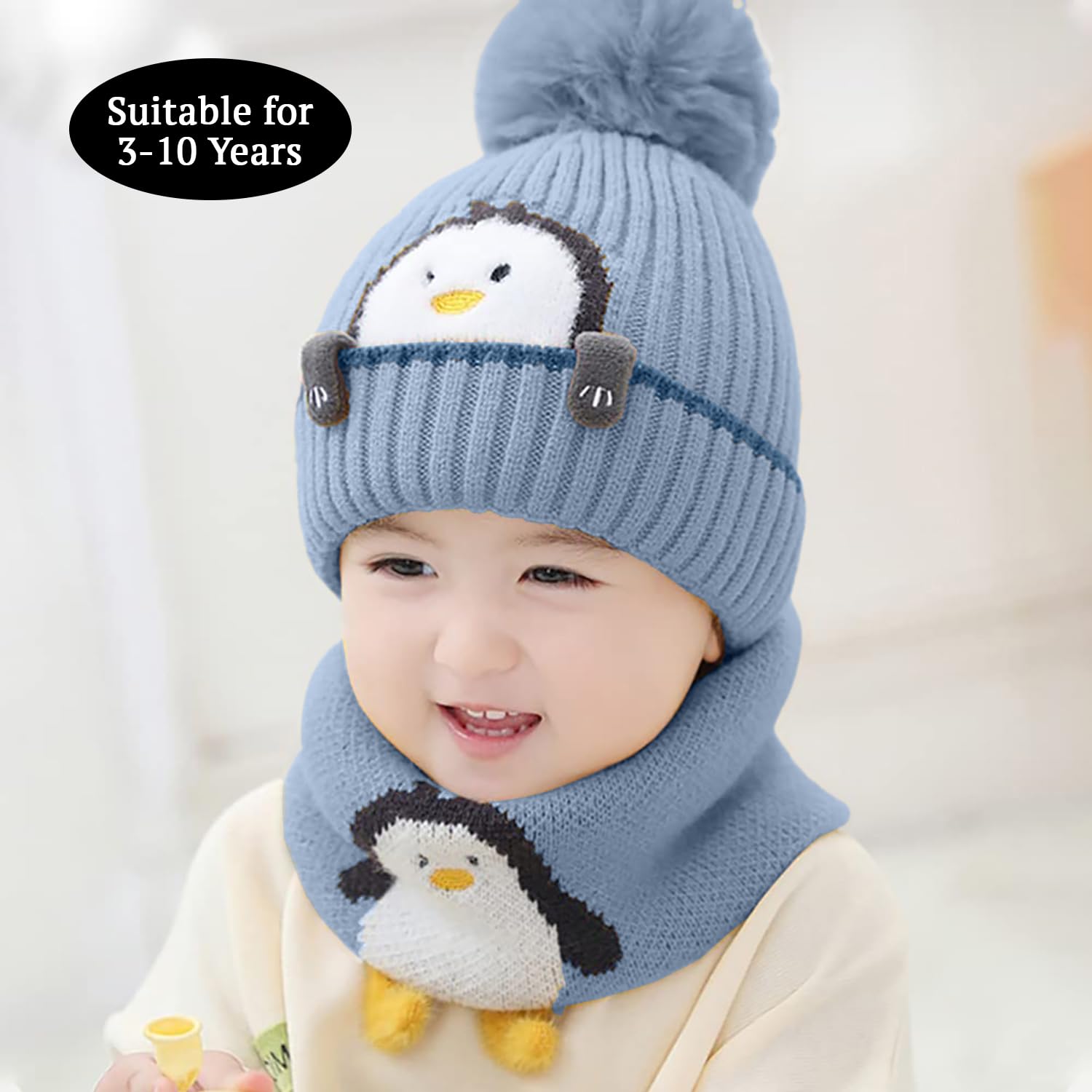 SYGA Baby Winter Cap with Scarf Knitted Penguin Design Beanie Hat for 3-10 Years, Stretchable Woolen Neck & Ear Protection(Yellow)