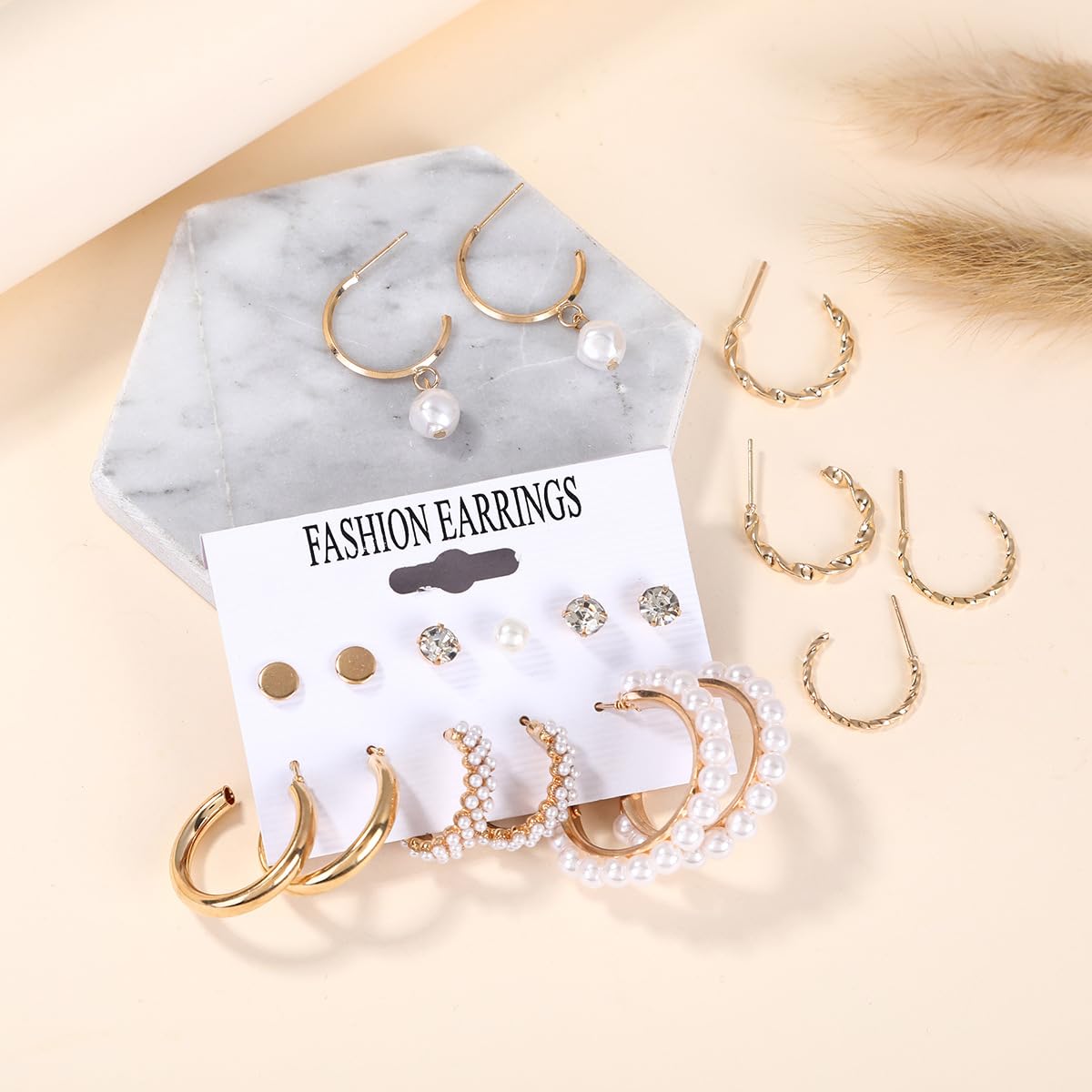 SYGA Little Pearl Earrings Set of 9, Celebrity Inspired Latest Stylish Gold Plated Hoop and Crystal Pearl Stud Earrings for Women