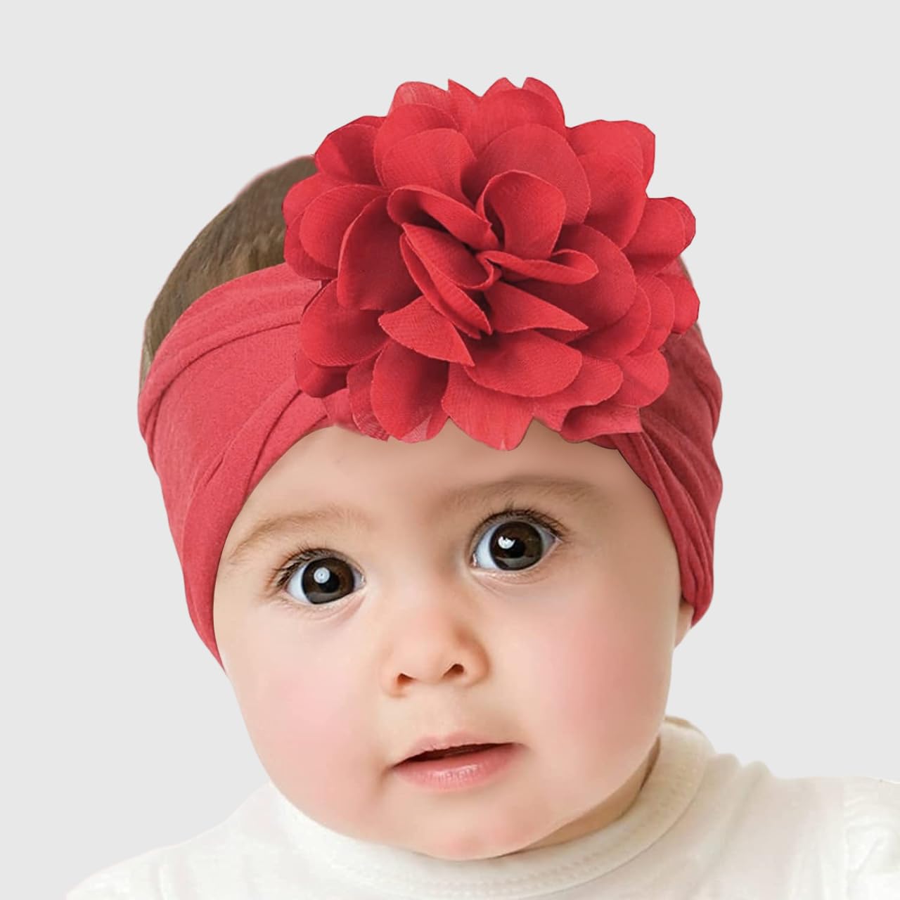 SYGA PACK OF 3 Headbands Nylon Flower Soft Stretchable Hairband for Newborn Infant Toddler Kids For 0-3 Year (MediumPink-Beige Yellow-Turquoise)