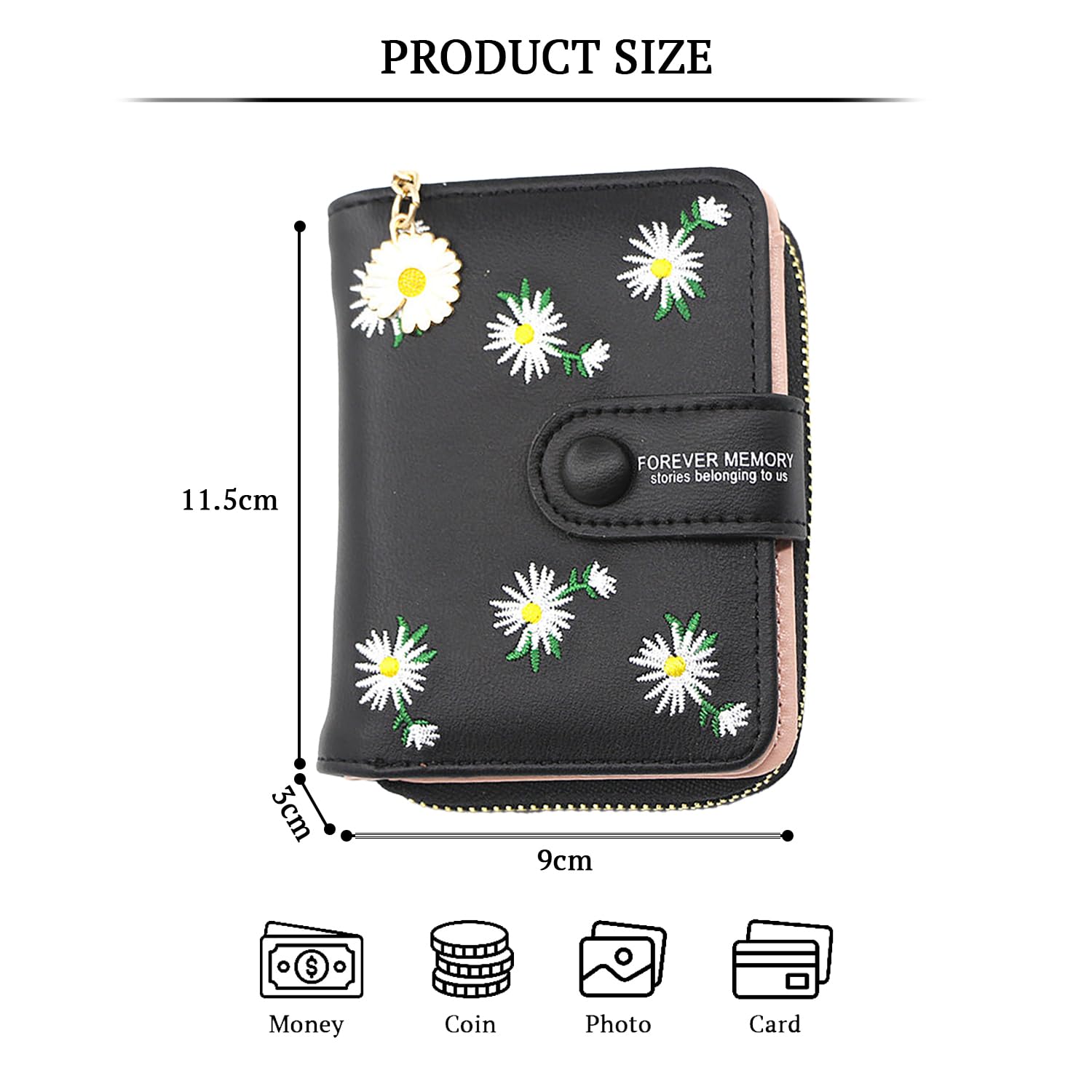 SYGA Women's Short Zipper Buckle Personalized Pu Leather Wallet Coin & Card Purse(Flower Black)