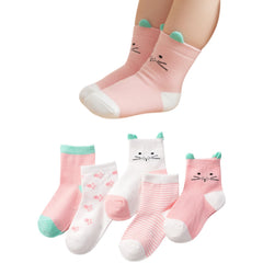 MOMISY 5 Pairs Tube Socks for Kids Toddlers Infant Baby Girl Boys (PinkKitten, 4 year to 6 year)