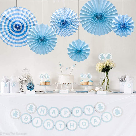 SYGA Paper Hanging Fans, Hanging Fiesta Paper for Decoration Set, Blue - Pack of 12