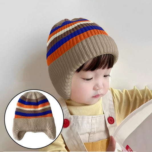 SYGA Baby Winter Cap 1-5 Years Wool Multi-Stripe Warm Knitted Hat with Ear Protection Rainbow hat [Khaki]