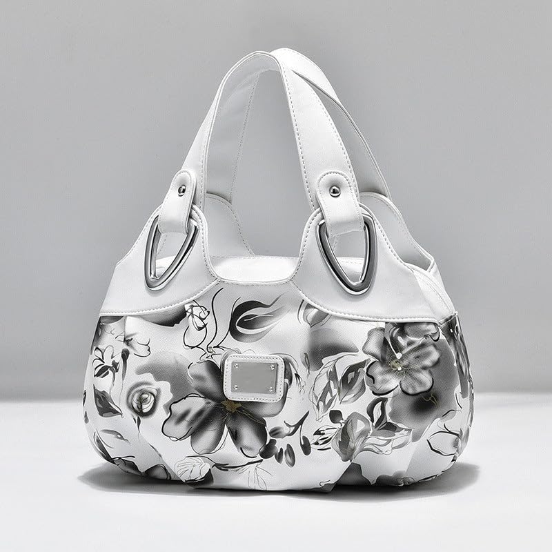 SYGA Women's Printed PU Leather Hobo Bag, Multiple Colors and Patterns, Crossbody Shoulder(WHITE INK GRAY FLOWER)