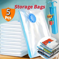 Vacuum Storage Bags for Clothes, Blankets, Comforters, Jackets – 5-Pack Space Saver Compression Bags with Hand Pump – Airtight Resealable Bags for Travel & Home Storage