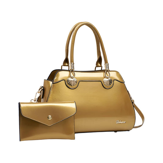 SYGA 2-Piece Women's Glossy Handbag with Matching Wallet | Elegant Shell Design Tote Bag with Gold Hardware