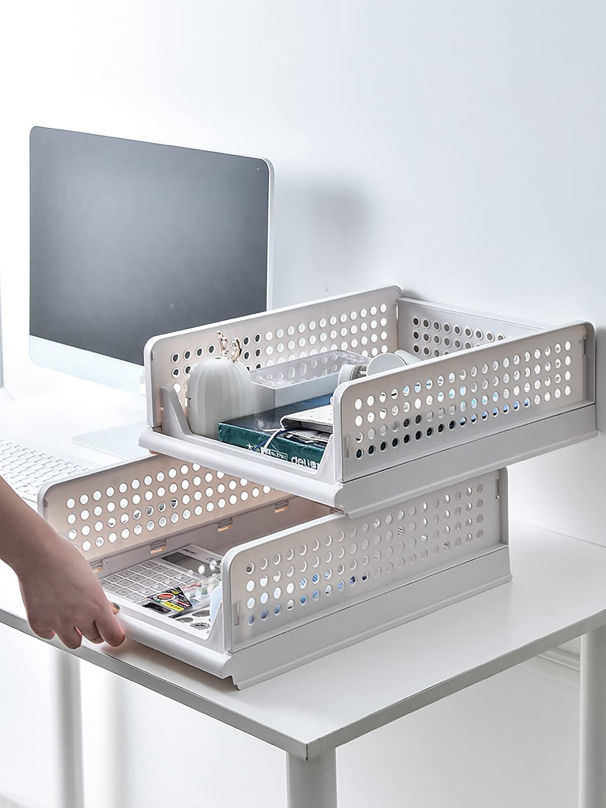 SYGA 2pcs Shelf Baskets Organizer Folding Wardrobe Household Layered Storage Rack Drawer-Type Stackable Large Storage Basket Plastic (White)