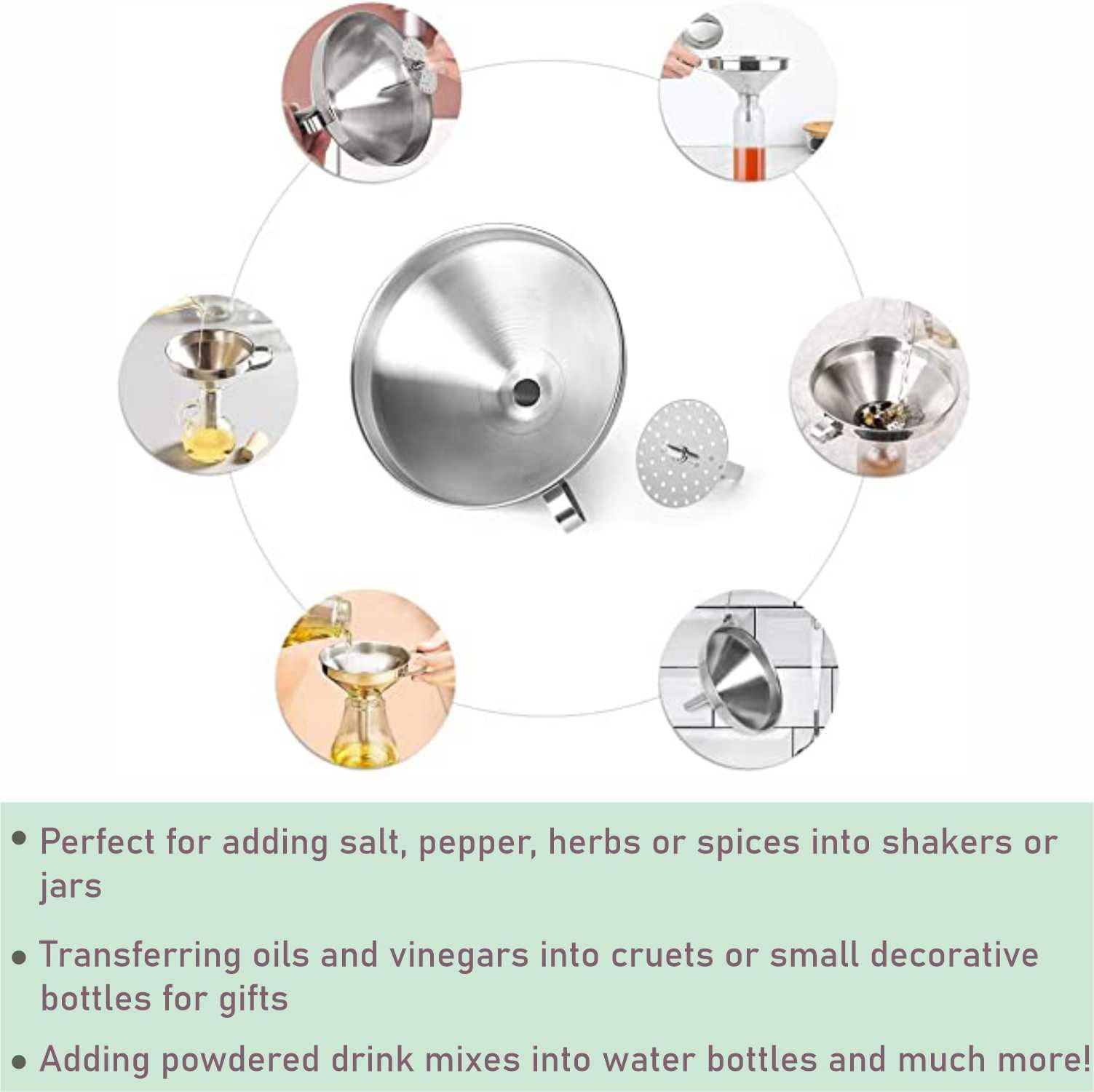 SYGA Liquid Funnel Stainless Steel 15cm Kitchen Funnel with Removal Strainer Food Filter Strainer for Transferring Liquids, Fluid, Small Dry Ingredients Oil, Making Jam- Silver