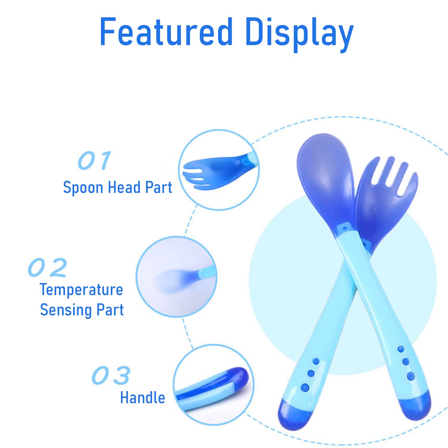 SYGA 2PCS Infant Baby Fork and Spoon Set Baby Feeding Learning Temperature Sensing Kid Utensils Toddler Anti-Choke Self Feeding Accessories (Baby Temperature Spoon Blue), Polypropylene, 3.5 inches