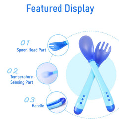 SYGA 2PCS Infant Baby Fork and Spoon Set Baby Feeding Learning Temperature Sensing Kid Utensils Toddler Anti-Choke Self Feeding Accessories (Baby Temperature Spoon Blue), Polypropylene, 3.5 inches