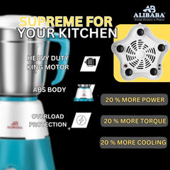 Alibaba Supreme 5 Jar 750 Watts Juicer Mixer Grinder with 5 Jars for Grinding, Mixing, Juicing with Powerful Motor | 1 Year Warranty | (5 Jars, White & Blue)